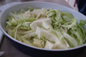 Cabbage in a pan ready to be seasoned and cooked.