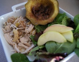 Slow cooked apple pork squash served with apples, and side salad, and acorn squash.