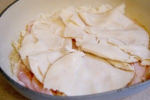 Baking mix, layered with sliced ham and turkey, with mozzarella cheese.