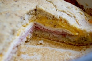 Baked monte cristo, with ham, and cheese.
