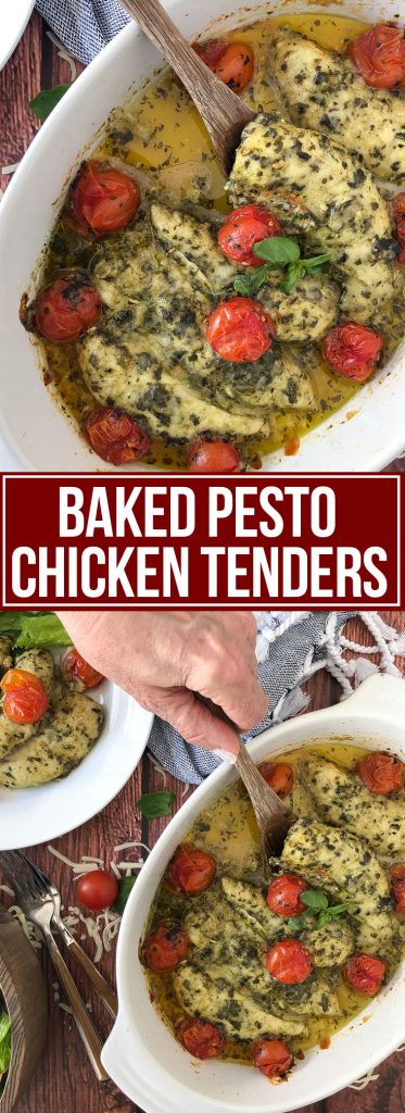 chicken and tomatoes with pesto in a white baking dish hand holding serving spoon