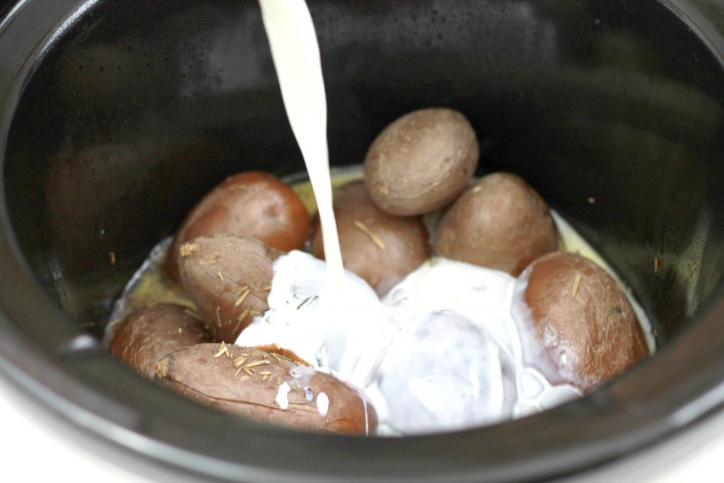 Cooked petite red potatoes sitting in melted butter, while milk is poured on top.
