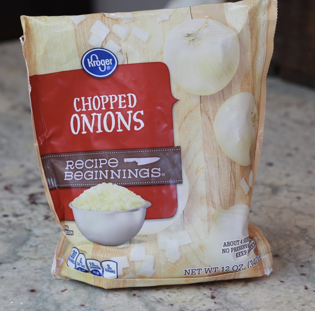 Frozen bag of chopped onions.