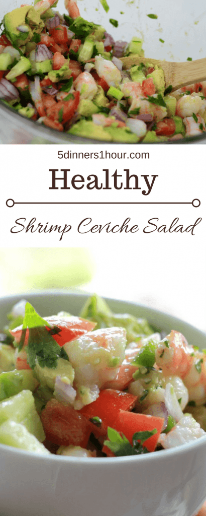 Shrimp, avocado, chopped onions, tomatoes, chives, and cilantro, all being mixed together in a clear bowl.