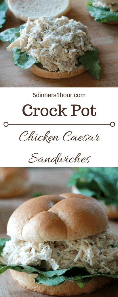 Slow Cooked Chicken Caesar Sandwiches. I made a huge batch of these for a party and they were a hit! Everyone wanted the recipe. | 5dinners1hour.com