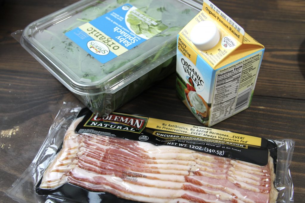 Heavy cream, package of bacon and a container of organic spinach