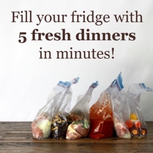 5 freezer ziplock baggies filled with individual dinners on a wood table. Banner above baggies says "fill your fridge with 5 fresh dinners in minutes"