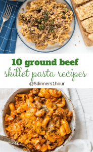two bowls with pasta, meat and cheese for 10 ground beef skillet recipes